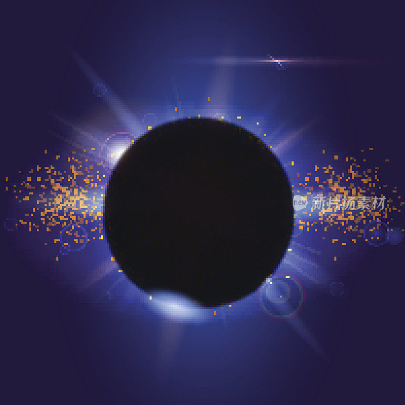 Solar eclipse, astronomical phenomenon - full sun eclipse. Abstract composition. Light rays and lens flare backdrop. Glow light effect. Star burst with sparkles